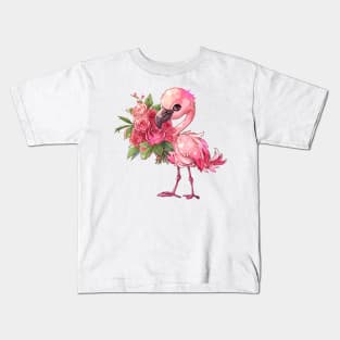 Valentine Flamingo Giving Flowers Kids T-Shirt